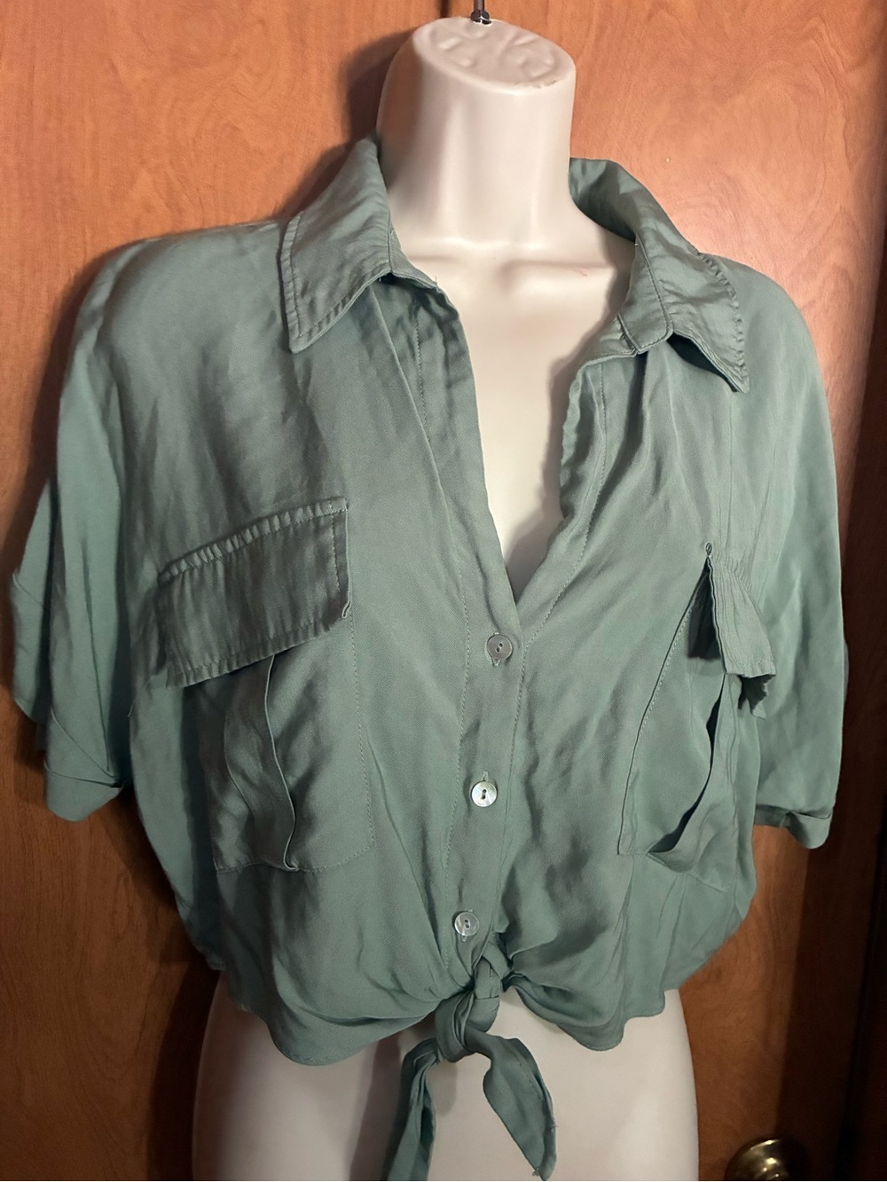 Blue Rain Sage Green Tie-Front Button Down Shirt